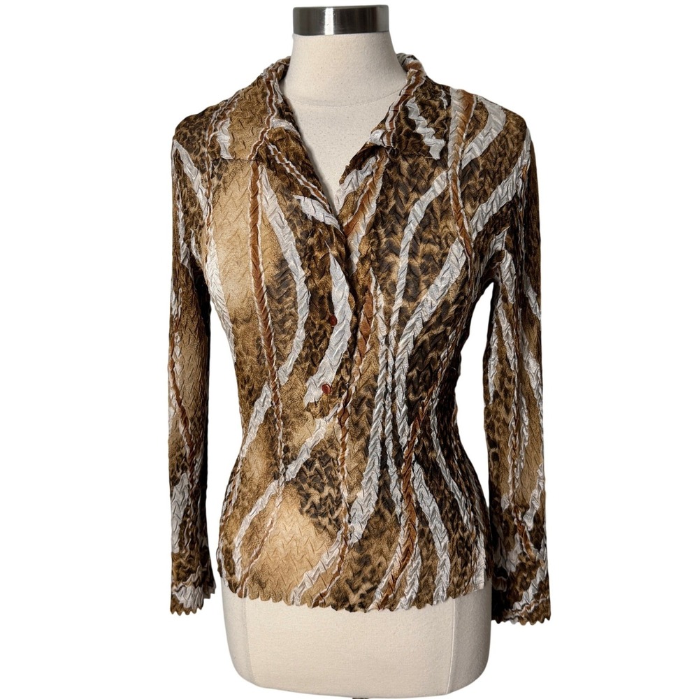 Vintage Y2K Cache Crinkle Top Brown Long Sleeve Animal Print Shirt Womens Medium